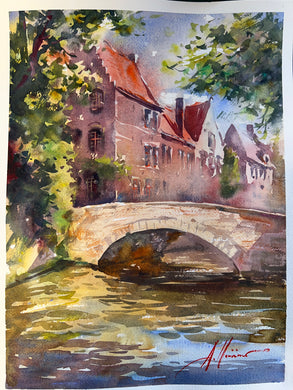 Watercolour Bruges canal of bridge