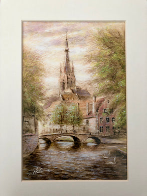 Old Minnevater in Bruges with Church of our Lady