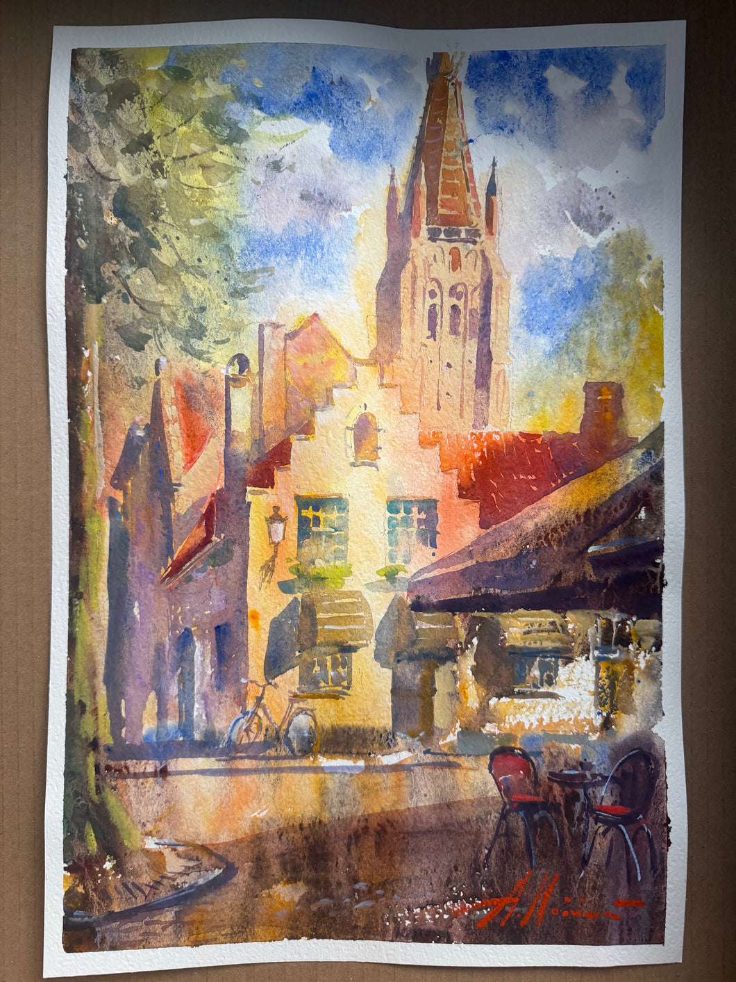 Watercolour. Church of our Lady in Bruges