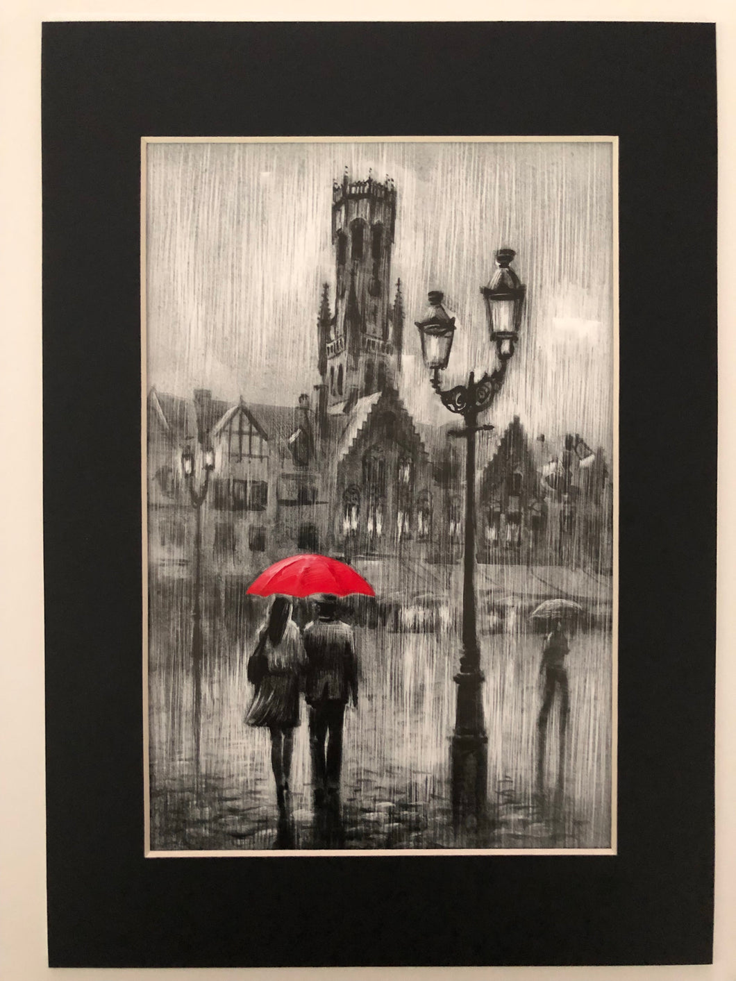 Black & white Bruges. Red umbrella