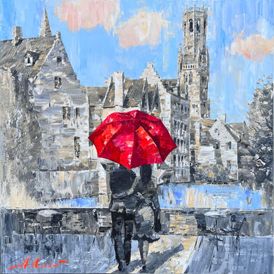 Under red umbrella in Bruges 50x50cm
